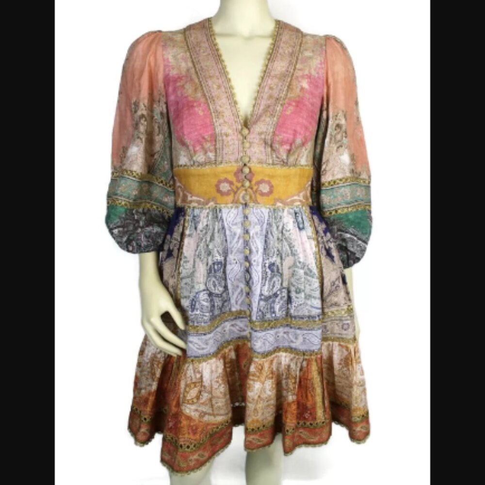 Zimmermann Multicolor Paisley Linen Anneke Lantern Dress Size 1 $1065